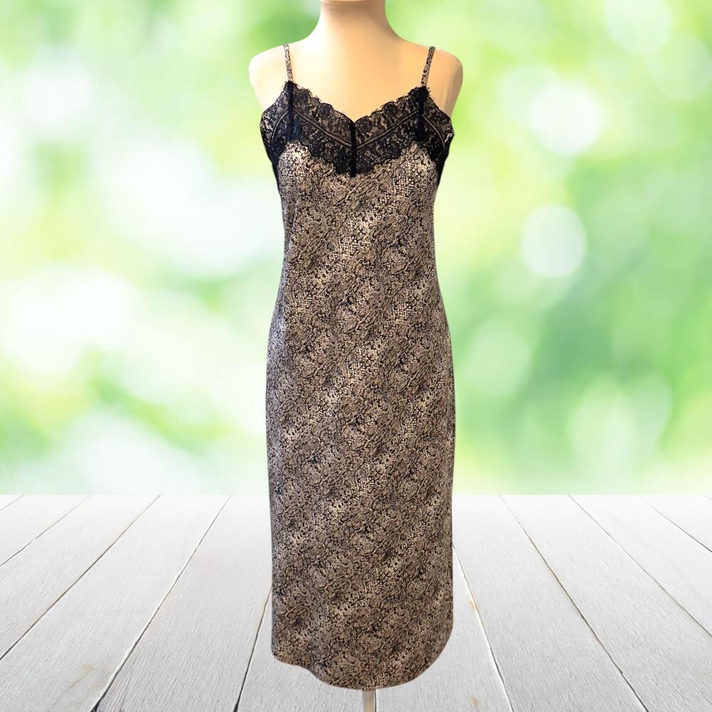 VYLETTE Animal Print Midi Slip Dress Lace Trim Spaghetti Strap Romantic Size M
